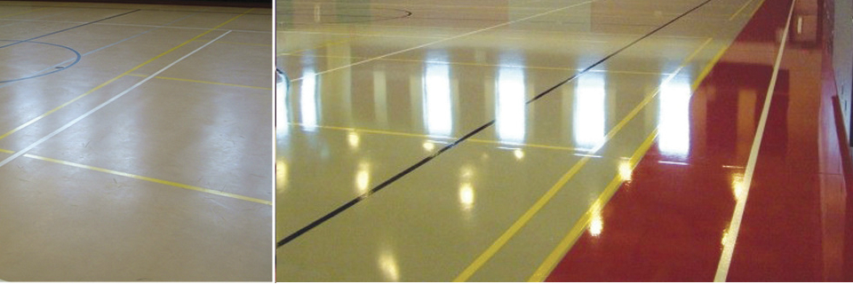 Gym floor before and after refinishing